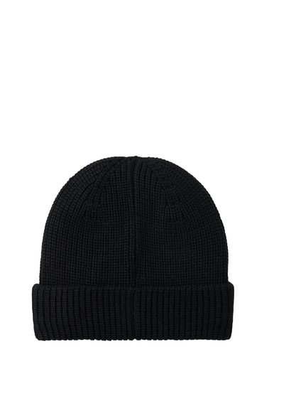 Berretto di maglia nero, caratterizzato da una texture a coste e orlo piegato, con una parte superiore arrotondata. Colore semplice e uniforme, senza motivi o accenti.