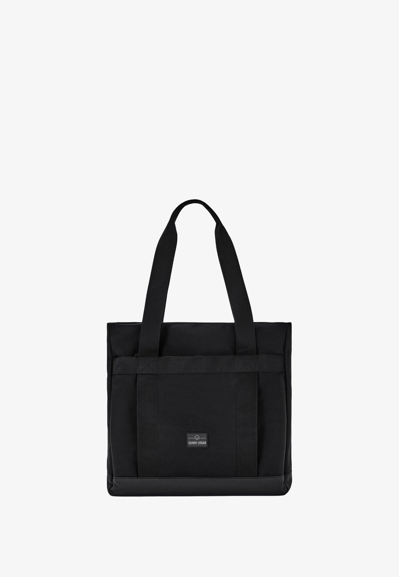 Borsa tote in stoffa nera con manici lunghi, fondo rinforzato e una piccola cucitura rettangolare con il logo "Johnny Urban" sul davanti.