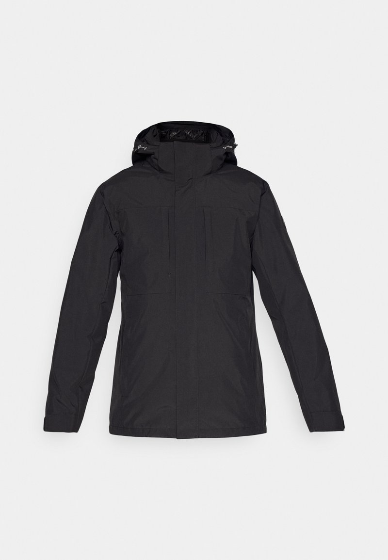 Schwarze wasserdichte Jacke mit Kapuze, ausgestattet mit einem Frontreißverschluss, zwei Brusttaschen und einer leichten, glatten Textur.