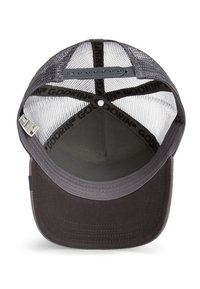 Schwarze Trucker-Cap mit einem weichen Stoff vorne und mesh Rückseite. Mit flachem Schirm, verstellbarem Snapback-Verschluss und einem inneren gemusterten Band.