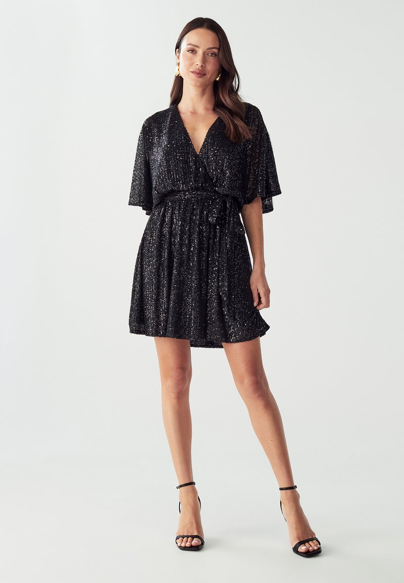 black sparkle wrap dress Yumi Black Sequin Kimono Midi Wrap Dress