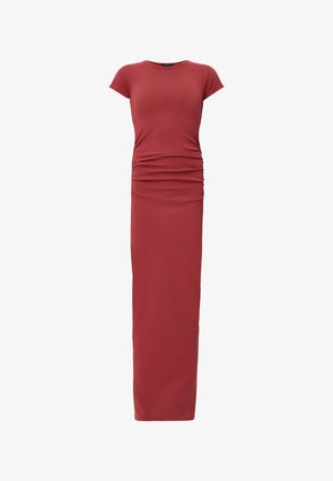 Czerwona, maxi sukienka z krótkimi rękawami, z marszczeniami po bokach, wykonana z gładkiego materiału. Posiada dopasowaną sylwetkę i okrągły dekolt.
