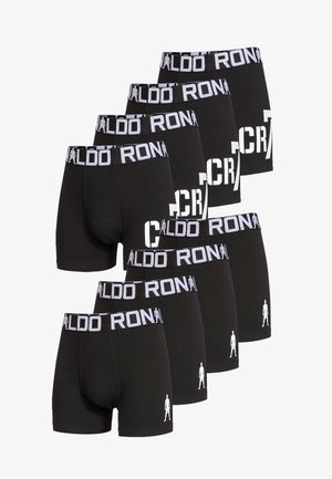 Sorte boxer shorts lavet af bomuld, med en hvid elastik i taljen med teksten "CR7" og et lille grafisk element. Pakke med otte par.