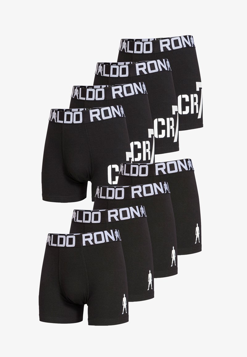 Sorte boxer shorts lavet af bomuld, med en hvid elastik i taljen med teksten "CR7" og et lille grafisk element. Pakke med otte par.