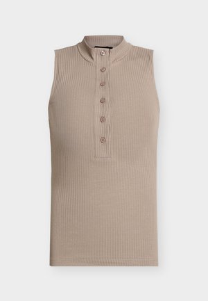 Beiges ärmelloses Oberteil mit hohem Kragen, gerippter Textur und sechs Knöpfen vorne. Schlichtes Design und figurbetonte Form.