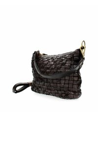 Borsa in pelle intrecciata marrone con superficie liscia, forma curva e tracolla rimovibile. Presenta una chiusura con clasp in metallo dorato e zip.