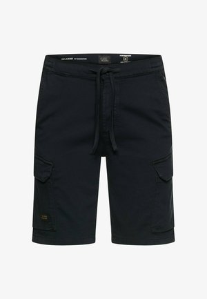 Schwarze Cargo-Shorts mit lockerem Sitz, Kordelzugbund, seitlichen Klappentaschen und dezentem Markenlogo am linken Bein.