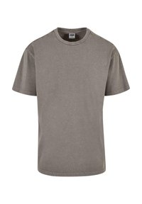 Tricou gri din bumbac, cu decolteu rotund și mâneci scurte, având o textură subtilă și un tiv drept. Fără modele sau accente.