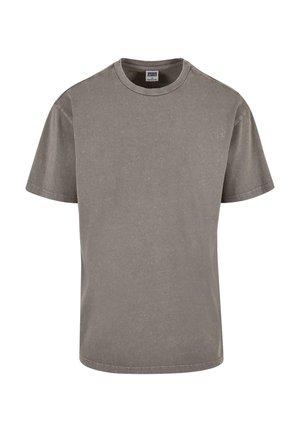 Tricou gri din bumbac, cu decolteu rotund și mâneci scurte, având o textură subtilă și un tiv drept. Fără modele sau accente.