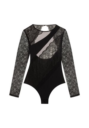 Schwarzer Bodysuit mit langen, transparenten Spitzenärmel und durchsichtigen Spitzenpaneelen an der Vorderseite, versehen mit soliden diagonalen und geschwungenen Stoffakzenten.