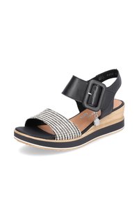 Sorte lædersandaler med houndstooth vævet rem, justerbar ankelrem og en kilebund i træ og sort gummi.