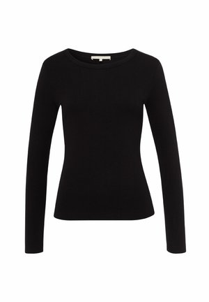 Top negro de manga larga con textura acanalada, diseño ajustado y un amplio escote redondo. Tela suave sin adornos ni patrones visibles.