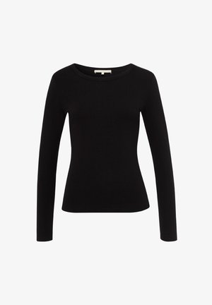 Czarny longsleeve z ribbowym teksturowaniem, dopasowany krój i szeroki okrągły dekolt. Gładki materiał, bez widocznych ozdób lub wzorów.