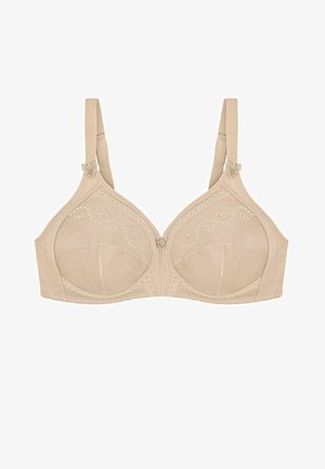 Beżowy biustonosz z haftowanymi detalami, miękka tkanina, miseczki bez wyściółki i regulowane ramiączka. Posiada koronkowe wykończenie i kwiatowy akcent na środku.