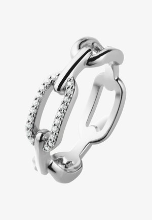 Silberner Kettenring mit poliertem Metall, diamantähnlichen Akzenten an den Seiten, abgerundeten Kanten und offenem Design.