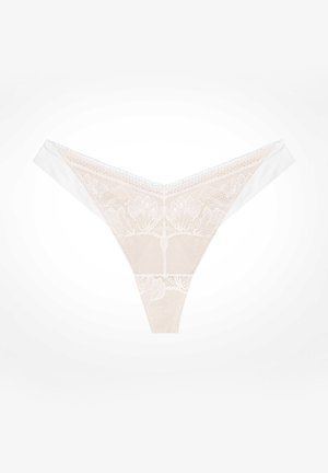 Lace thong in light beige with a floral pattern and sheer mesh. Features a V-shaped design and satin-like side panels.