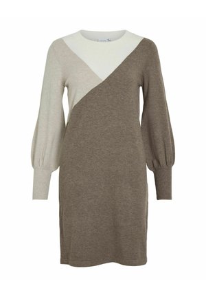 Vestido de punto con un diseño de bloques de color diagonal en gris claro y marrón, mangas largas abullonadas y puños acanalados. Textura suave y corte relajado.