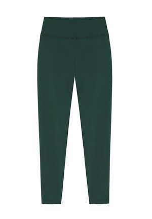 Dark green athletic leggings made of stretchy fabric, featuring a high waistband and no visible patterns or hardware. Smooth texture throughout.