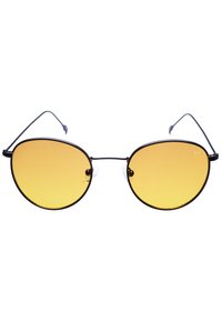 Pyöreät aurinkolasit, joissa on keltaiset linssit, ohut musta metallikehys ja kirkkaat nenätyynyt. Kevyt muotoilu, minimalistinen tyyli.