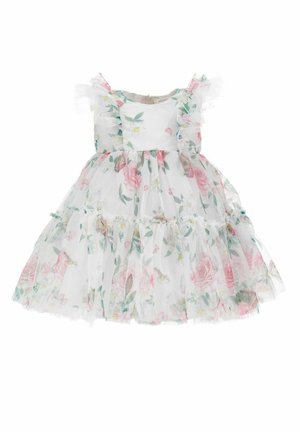 Vestito floreale con corpino bianco, gonna a strati in tulle trasparente con motivi floreali rosa e verdi, e spalline arricciate.