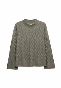 Olijfgroen kabelgebreid trui, met een ronde hals en lange mouwen. Ribgebreide manchetten en onderkant, textuurtje over de hele stof.