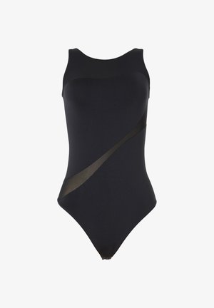 Maillot de bain une pièce noir avec un décolleté arrondi, doté d'un panneau transparent noir et d'un détail de design diagonal à l'avant. Texture lisse.