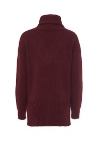 Maglione a collo alto lavorato a maglia color bordeaux, con maniche lunghe e polsini, orlo e colletto a coste, mostrato da dietro su sfondo bianco.