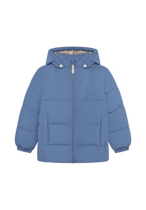 Chaqueta acolchada azul para niños con cremallera frontal, capucha con botones a presión, dos bolsillos delanteros y puños elásticos en las mangas.
