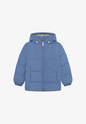 Chaqueta acolchada azul para niños con cremallera frontal, capucha con botones a presión, dos bolsillos delanteros y puños elásticos en las mangas.