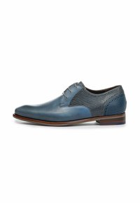 Scarpe eleganti in pelle blu con punta liscia, pannelli laterali grigi texturizzati e dettagli marroni sulla suola. Include cinque passanti per i lacci.