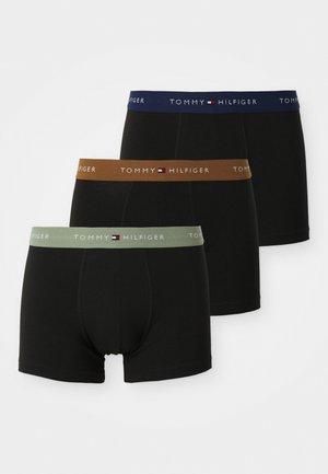 Three pairs of black boxer briefs with elastic waistbands in blue, brown, and green, featuring the "Tommy Hilfiger" logo.