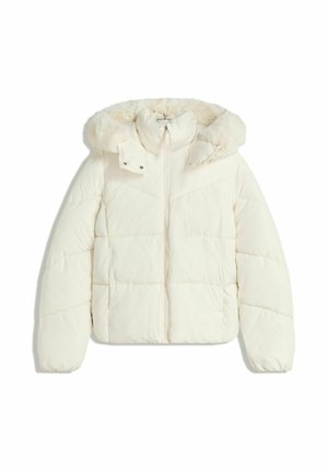 Cream-colored puffer jacket with a front zipper and a fluffy fur-lined hood, designed for warmth and winter wear.