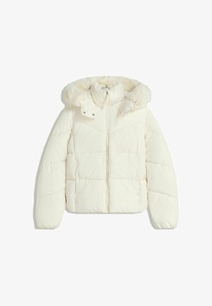 Crème-kleurige pufferjack met een rits aan de voorkant en een fluffy, met bont gevoerde capuchon, ontworpen voor warmte en winterkleding.
