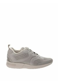 Scarpe sportive grigio chiaro con tomaia in mesh traspirante, dettagli testurizzati e suola ammortizzata per il comfort. Design con lacci e linguetta posteriore.