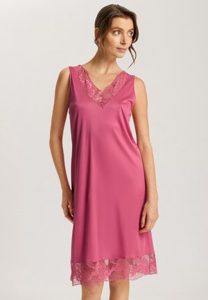 Pink satin dress with a V-neckline, featuring lace detailing at the shoulders and hem, providing a smooth, soft texture.