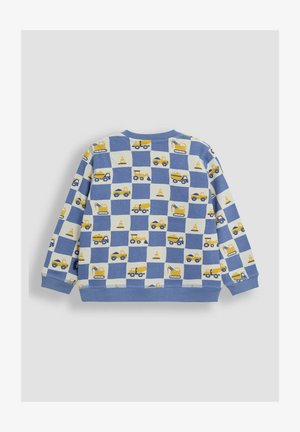 Hele sinine dressipluus ruudustiku mustriga, millel on kollased ehitusmasinad ja liikluskonid. Pehme kangas, ümmargune kaelus ja soonikkoes.