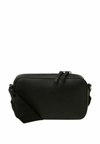 Borsa a tracolla nera in pelle con forma rettangolare, chiusura a doppia zip e tracolla in tessuto regolabile per il massimo comfort. Texture liscia con design minimalista.