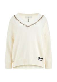 Maglione a maglia color crema con scollo a V, dettaglio decorativo in catena argentata lungo il colletto e polsini a coste con logo del brand ricamato.