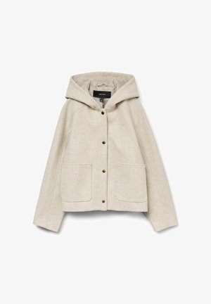 Giacca con cappuccio beige realizzata in lana testurizzata, con chiusura a bottoni e due tasche frontali dai bordi arrotondati.