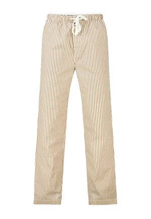 Beige en wit gestreepte lichte broek met elastische tailleband en witte trekkoord, rechte pijp.