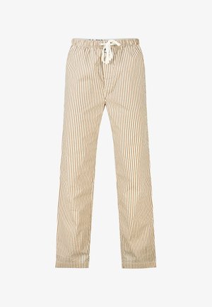 Beige en wit gestreepte lichte broek met elastische tailleband en witte trekkoord, rechte pijp.