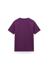 Purple cotton t-shirt, short sleeves, crew neck, smooth texture, no patterns or graphics, plain back view, relaxed fit.
