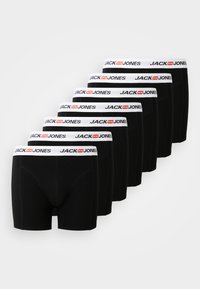 Schwarze Boxer-Briefs mit einem weißen, elastischen Bund und rotem Logo. Glattes Material, enganliegendes Design und sechs Stück in einer Reihe angeordnet.