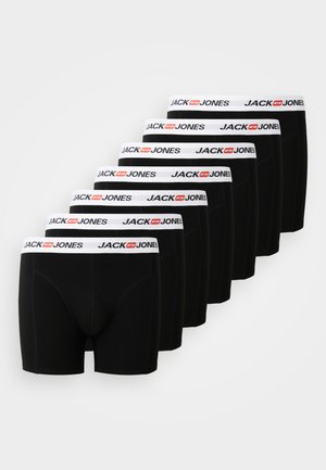 Schwarze Boxer-Briefs mit einem weißen, elastischen Bund und rotem Logo. Glattes Material, enganliegendes Design und sechs Stück in einer Reihe angeordnet.