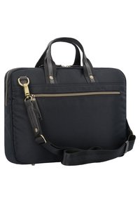 Bolsa de ordenador portátil rectangular negra con asas dobles, bolsillo delantero con cremallera y correa de hombro ajustable con sujeciones de metal.