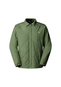 Giacca trapuntata verde con colletto, zip frontale completa, polsini elasticizzati e un piccolo logo bianco North Face sul petto.