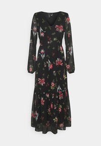 Robe noire à fleurs avec de longues manches transparentes, un décolleté en V et un ourlet en couches. Présente des motifs floraux colorés sur fond noir.