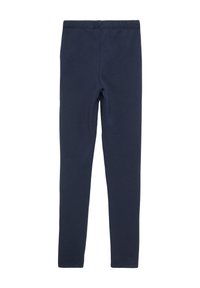 Marineblauwe legging gemaakt van zachte, rekbare stof met een elastische tailleband. Het ontwerp heeft een gladde textuur en een aansluitende silhouet.