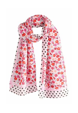 Világos rózsaszín sál piros és rózsaszín virágmintával, fekete pöttyös szegéllyel és a "Cath Kidston" felirattal az egyik szélén.