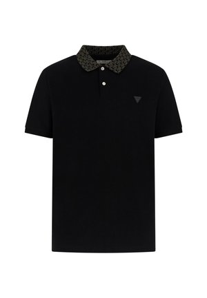Black polo shirt with a textured collar featuring a geometric pattern, two button placket, and a small logo on the chest.